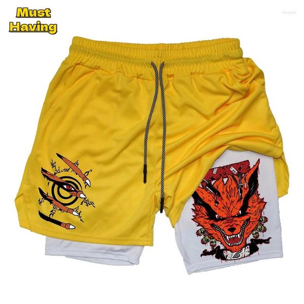 Shorts masculinos ginásio desempenho compressão para homens anime 2 em 1 correndo treino fitness com bolso de telefone atlético secagem rápida