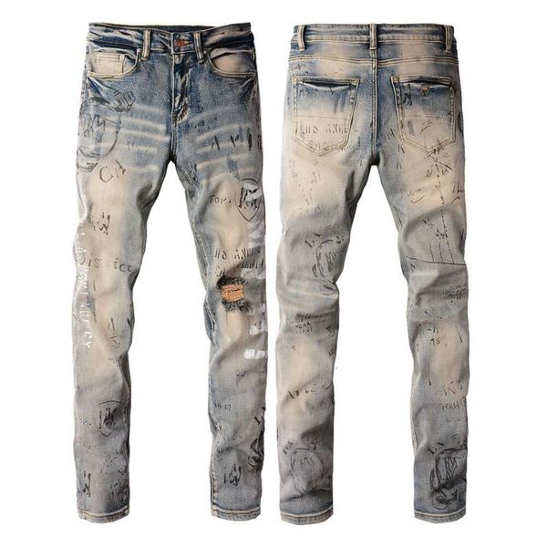 Mens Designer Calças Jeans Roxo Amris 869 Moda Rua Spray Pintado Letras Coloridas Denim Algodão Juventude Preto Apertado Jeans