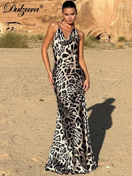 Vestidos casuais dulzura 2024 cetim leopardo impressão balançando colarinho sem costas maxi vestido halter cintas elegante festa de noite clássico vestido de baile