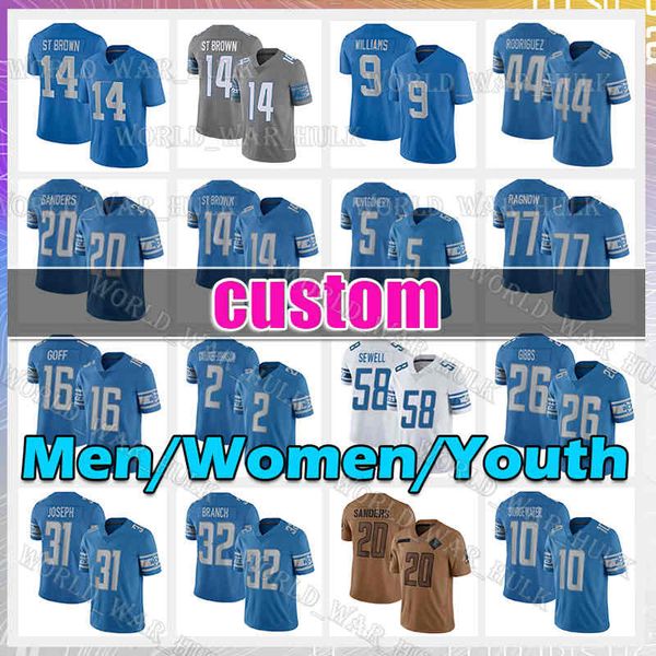 Brown 26 Jahmyr Gibbs Camisa de futebol 87 Sam LaPorta 5 David Montgomery Barry Sanders Jared Goff Penei Sewell Jameson Williams Brian Branch Jack Campbell