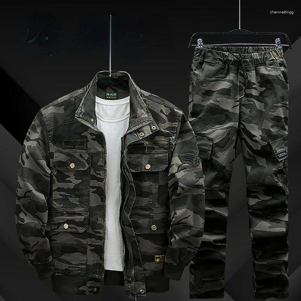 Tute da uomo Set di cotone mimetico militare Abito da lavoro ad alta elasticità Casual resistente all'usura Primavera Autunno Tattico all'aperto