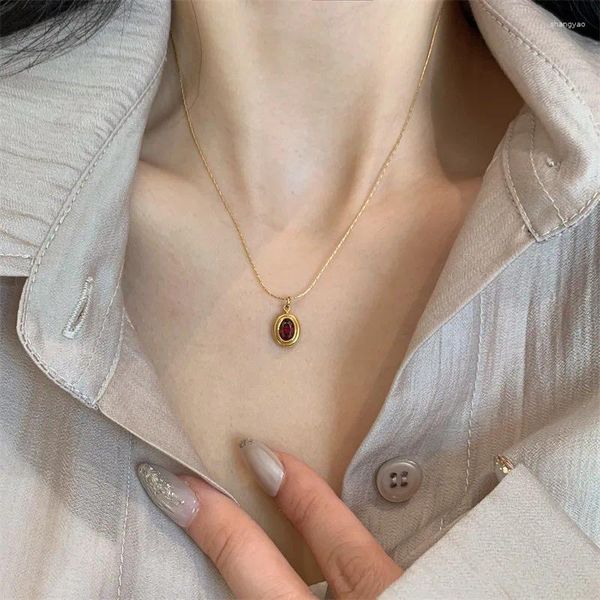 Pingente colares medieval zircon gem oval colar para mulheres de aço inoxidável cor ouro vermelho branco casamento estética jóias presente