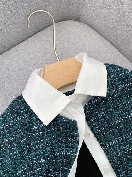 Abiti casual 2024 Autunno Inverno Contrasto Plaid Tweed Dress Donna Moda Splicing Set a due pezzi Colletto della camicia Abito da donna