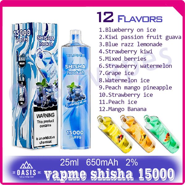 100% оригинал Vapme Shisha 15000 Puff Электронная сигарета 650 мАч Аккумуляторная батарея 12 вкусов 2% Уровень 25 мл Pod Puffs 15k Одноразовая ручка для вейпа