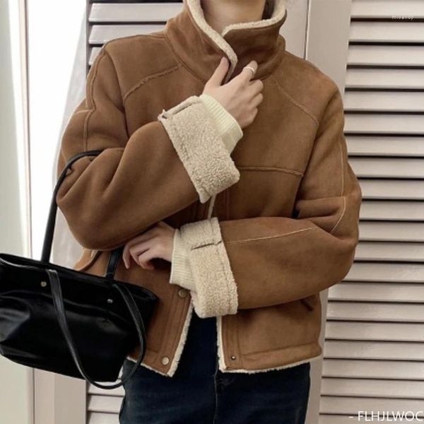 Damenjacken Winter Vintage Kurzmäntel Oberbekleidung Damen Japan Adrette Mädchen Korea Einreiher Knopf Warme Wolle Samt Dick