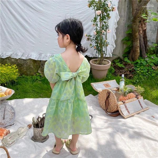 Vestidos de menina coreano vestido de verão sem costas arco roupas infantis meninas manga bufante roupas de meninas onda ponto festa princesa crianças