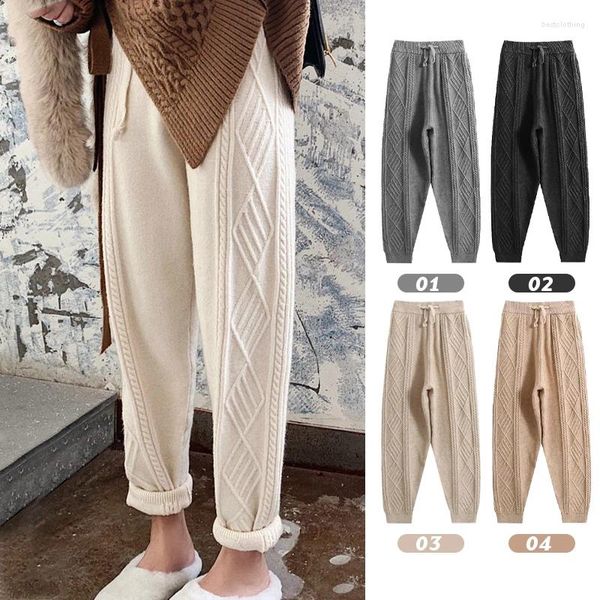 Pantaloni da donna Donna Inverno Caldo Lavorato a Maglia Casual Elastico a Vita Alta Spessa Chic Harem Pantaloni Coreani in Maglione Allentato alla Caviglia