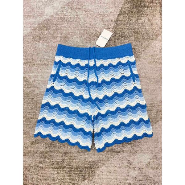 Herren-Designer-Shorts, Casablanca 24SS, New Hawaiian Sea Wave Stripe, Unisex, elastischer Gürtel, Wolle, gestrickt, Herren- und Damen-Sets, lässige, trendige blaue Shorts, Cardigan-Pullover-Tops