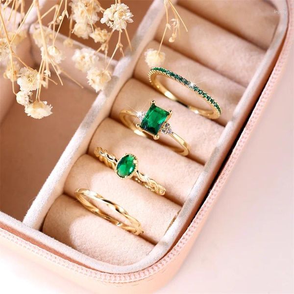 Anéis de casamento 4 pcs feminino verde zircão pedra anel conjunto na moda amarelo ouro cor noivado para mulheres bonito noiva jóias presente