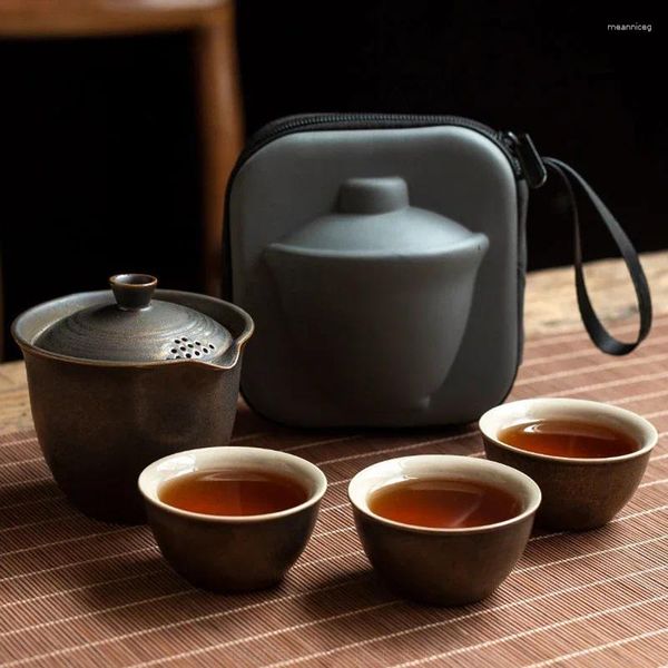 Conjuntos de chá Cerâmica Bule 1 Pote 3 Copo Cerimônia de Viagem Ao Ar Livre Sacola Chinês Gaiwan Tureen Tea Set Designer