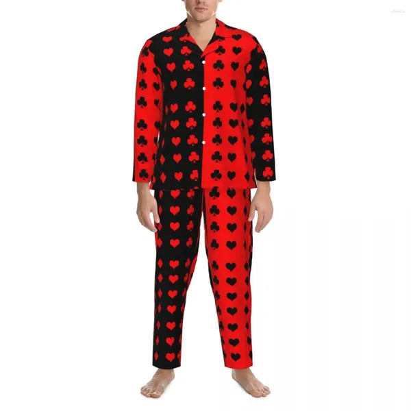 Pijamas masculinos pijamas masculinos cartões de poker clubes noturnos spades corações 2 peças conjunto de pijama casual manga longa moda oversized casa terno