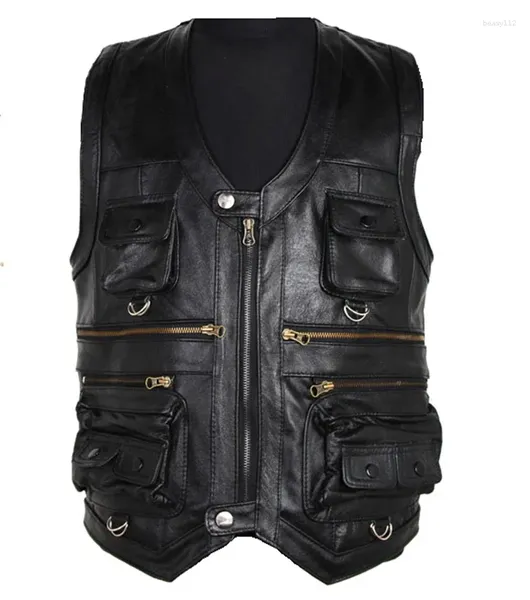 Gilet da uomo 2024 Uomo Multi tasca con cerniera Pelle bovina Gilet in vera pelle Marrone Gilet senza maniche per giacca casual Moto spessa