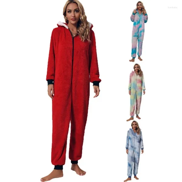 Damen-Nachtwäsche, Tie-Dye-Fleece-Overall, flauschiger Pyjama für Damen, langärmelig, mit Kapuze und Reißverschluss, Einteiler, Spielanzug, Weihnachten, warm