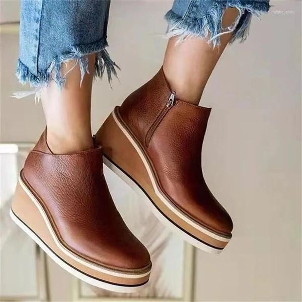 Stiefel Frauen Kurze 2024 Runde Kappe Hohe Plattform Keile Retro Booties Weiche Leder Zipper Bequeme Knöchel Für Frau