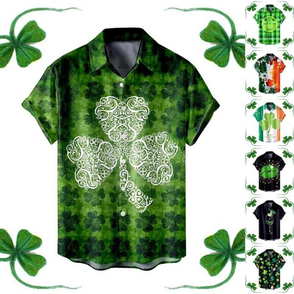 Erkekler Sıradan Gömlek St-Patrick-Day Yeşil Dudak Grafik Gömlek İrlanda-Ulusal-Gün Hombre Blouses Kısa kollu üstler Lapel-Beck Camisas