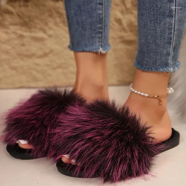 Chinelos 2024 Fluffy Flats Sapatos Verão Open Toe Flip Flops Mulheres Moda Andando Slingback Sandálias Ao Ar Livre Slides Feminino