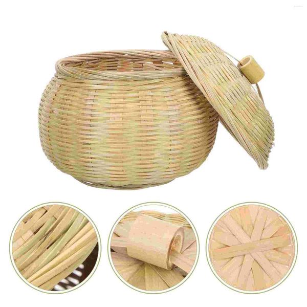 Set di stoviglie Cestino rotondo con coperchio Cesti di vimini intrecciati a mano Uovo di rattan per cucina domestica Campeggio (59 X 55