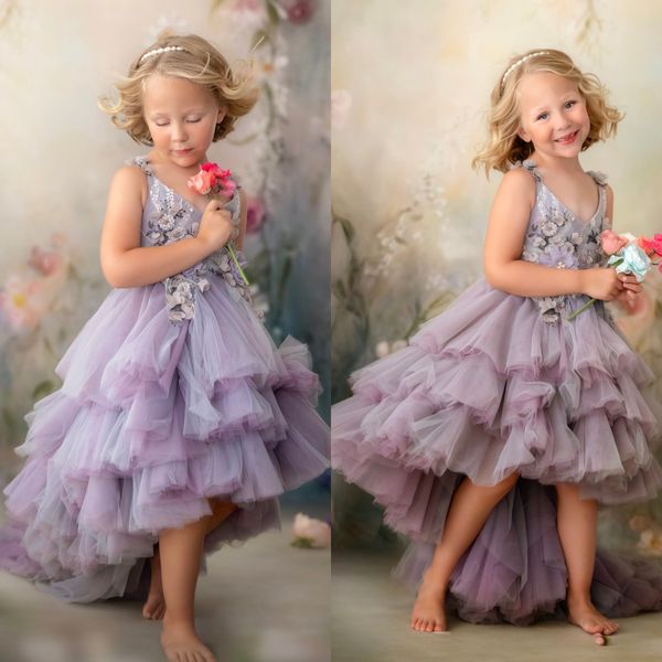Сиреневые платья для девочек 2024 года с цветочной аппликацией, высокие и низкие платья принцессы для маленьких девочек, платье на первый день рождения для свадебной вечеринки, платья для общения
