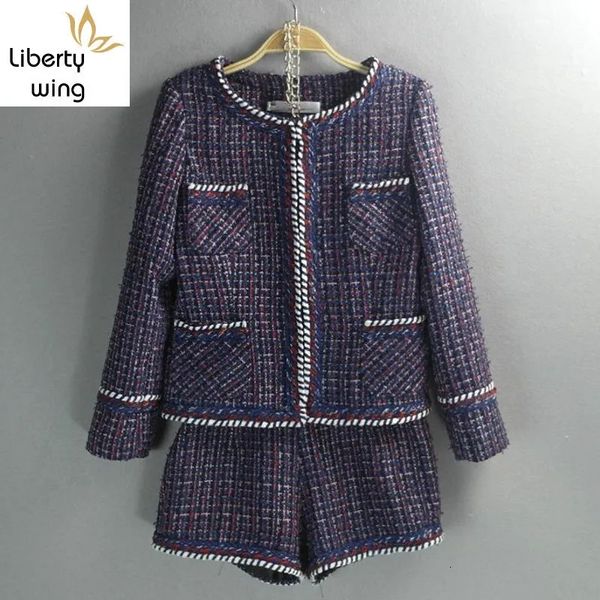 Lila Frauen Zweiteilige Outfits Marke Frauen Tweed Jacke Shorts Set Weibliche ONeck Mantel Kleine Duft Jacken Woven Dame Anzug 240108