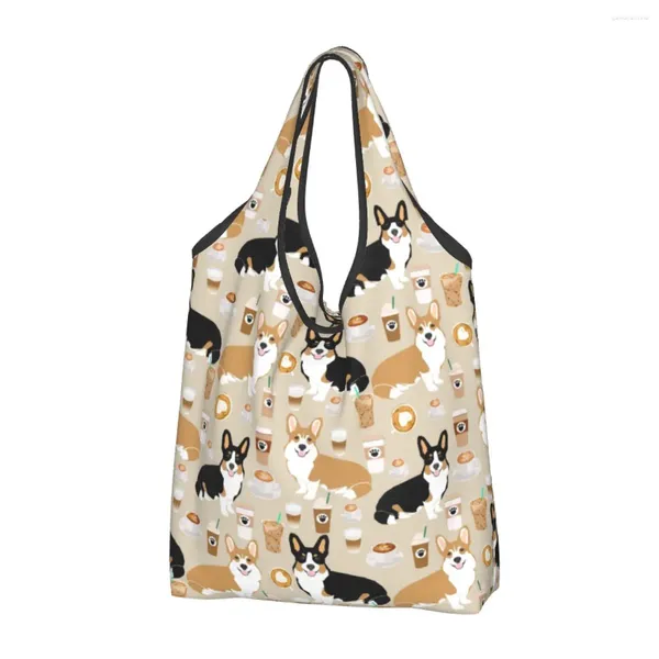 Sacos de compras Reciclagem de Café Welsh Corgis Dog Bag Mulheres Tote Portátil Comprador de Mercearia