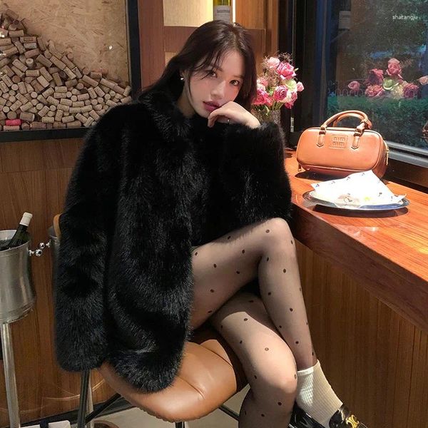 Женская толстая куртка из искусственного меха, женская черная свободная осенне-зимняя куртка-макси, короткие теплые роскошные парки с поясом, корейская меховая верхняя одежда