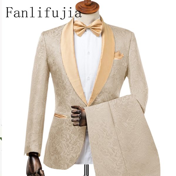 Fanlifujia ternos de casamento dos homens design italiano feito sob encomenda champanhe fumar smoking jaqueta 2 peça noivo terno para homem 240108
