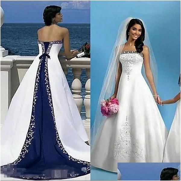 Abiti da sposa a trapezio Abito da sposa ricamato vintage blu scuro e bianco Abito da sposa lungo in raso senza spalline senza maniche Corte T Ota04