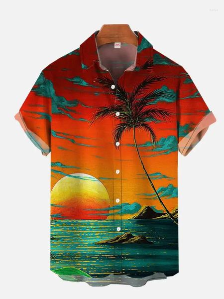 Мужские повседневные рубашки 2024, рубашка с принтом кокосовой пальмы в пляжном стиле, рубашка с лацканами на пуговицах и мультяшным узором, с короткими рукавами