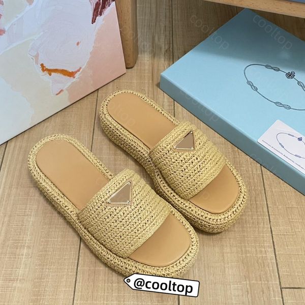 Pantofole Prad Triangle Logo paglia Weave Slipper Designer Platform Raffia Sandalo Summer Flat Casual Woman Uomo per la spiaggia Caserme Beach Shoe Beach Casee Flip di punta quadrata Flops Kaki Bianco