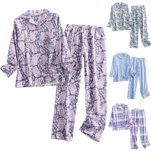 Pijamas femininos senhoras pijamas loungewear plus size algodão flanela solta primavera outono inverno pijama conjunto de mangas compridas tops calças casa terno