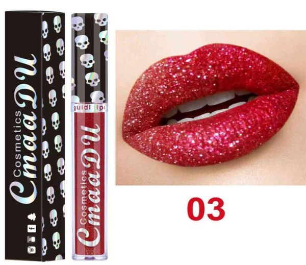 CmaaDu Skull Style Shimmer Shining Lip Gloss Long Wear Hidratante Diamante Glitter Líquido Batom Beleza Kit de MaquiagemCmaaDu Gliter 7926954