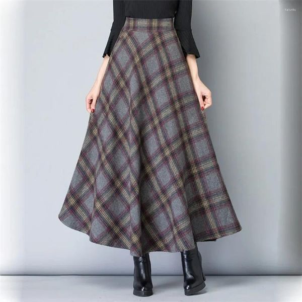 Saias outono inverno lã mulheres estilo coreano grosso cintura alta saia longa mulher uma linha plissada xadrez feminina