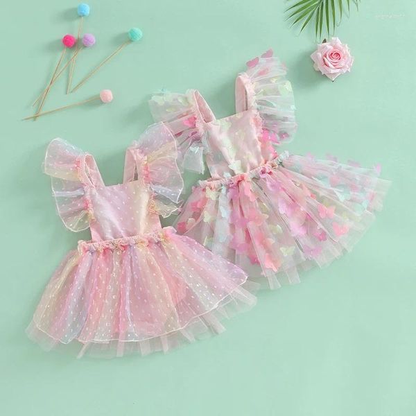 Abiti da ragazza Princess Born Baby Girls Summer Dress Colletto quadrato Manica corta Backless Tie-up Farfalla/Pots Tulle Festa di compleanno