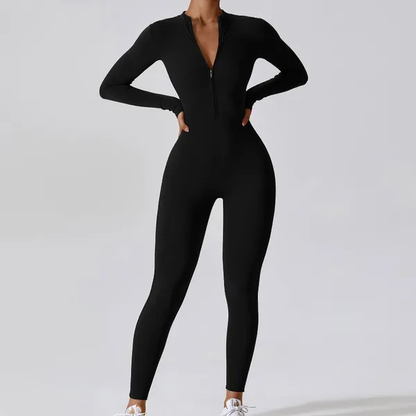 Calças ativas com zíper yoga acolchoado bodysuit de manga comprida feminino roupas esportivas ginásio macacões treino de alta intensidade fitness macacão de uma peça