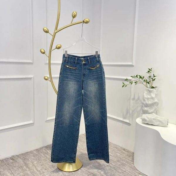 Jeans femininos correntes de ouro luz azul preto calças de algodão de alta qualidade 2024 mulher calças