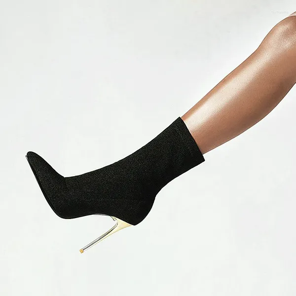 Сапоги весенняя осенняя женская обувь сексуальная шпилька заостренные пальцы на высоком каблуке короткие вязаные носки с большим размером 34-43