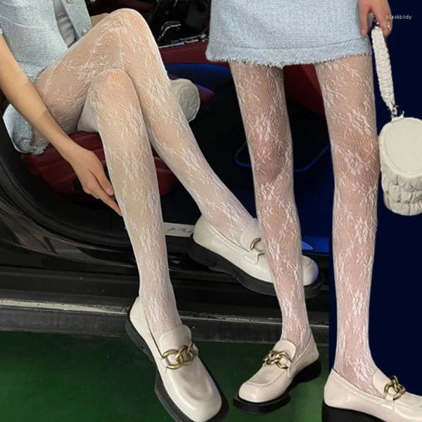 Mulheres meias sexy rendas flor meias de fundo gótico preto branco malha oca meia-calça feminina floral rattan fishnet meias meias