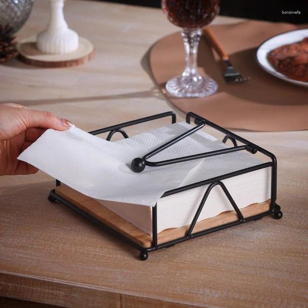 Ganchos dispensador de guardanapo plano com braço pesado para cozinha mesa de jantar suporte de metal rústico rack de armazenamento de papel base de madeira