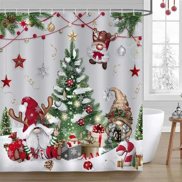 Cortinas de chuveiro de Natal Cortina de Chuveiro Engraçado Desenhos Animados Papai Noel Bolas de Árvore de Natal Presente Inverno Ano Novo Cortinas de Banho Tecido Casa Decoração de Banheiro