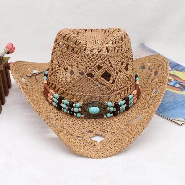 Berretti Berretto da jazz a tesa larga Fasce decorative Intrecciate a mano Cappello da cowboy occidentale in carta di paglia Uomo Donna Traspirante Beach Cowgirl Cosplay