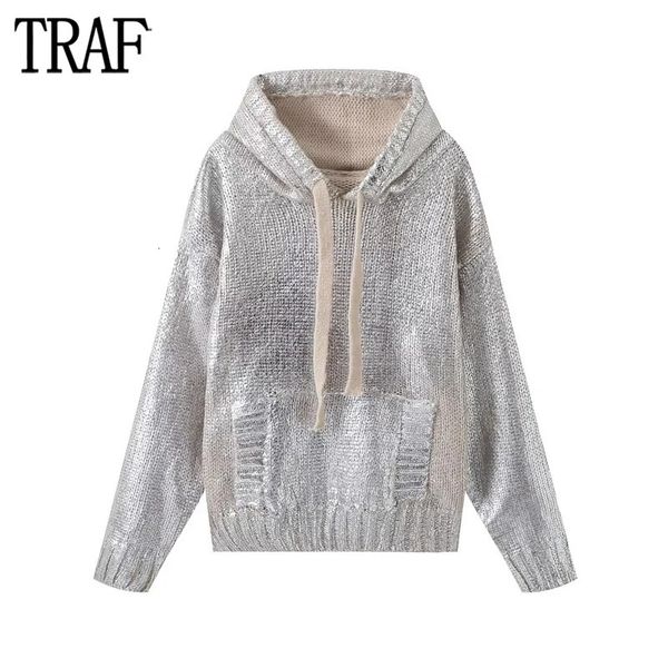 TRAF Felpe con cappuccio metallizzate Maglioni per donna Maglione lavorato a maglia argento Donna Maglione oversize a maniche lunghe Donna Cappotto Maglieria 240109