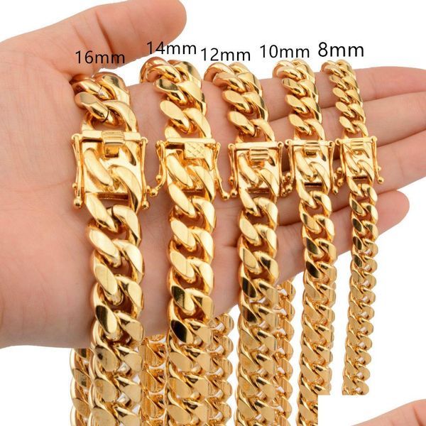 Correntes 8mm / 10mm / 12mm / 14mm / 16mm Miami Cuban Link Chains Aço Inoxidável Mens 14K Ouro Alto Polido Punk Curb Colares Drop Delivery J DHSBL