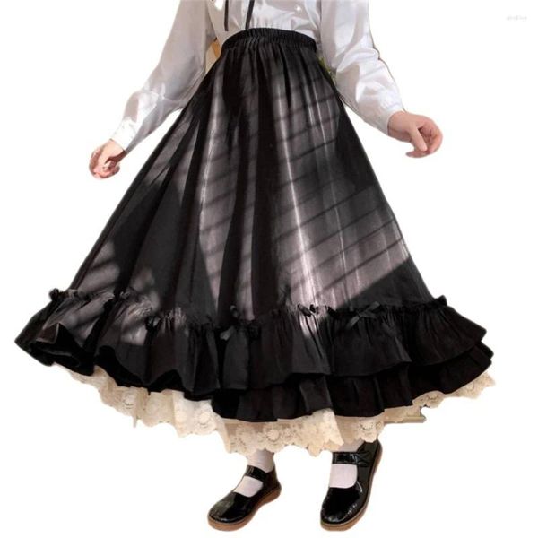 Юбки, белые длинные женские кружевные двухслойные юбки в японском стиле, женская модная милая свободная полуопрятная трапециевидная юбка с рюшами