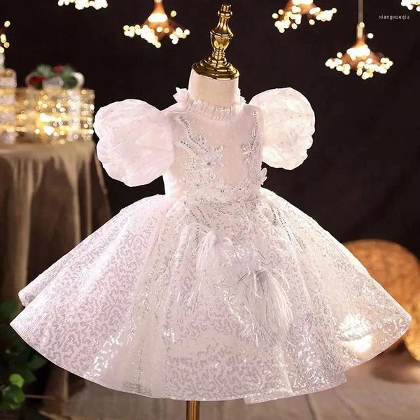 Abiti da ragazza Glitter bianchi applique al ginocchio piume abito a fiori per matrimonio elegante prima festa di compleanno eucaristica per bambini