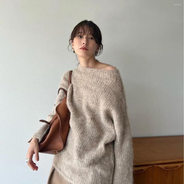 Suéteres femininos lã misturada outono e inverno estilo japonês macio longo cabelo mohair suéter solto emagrecimento top