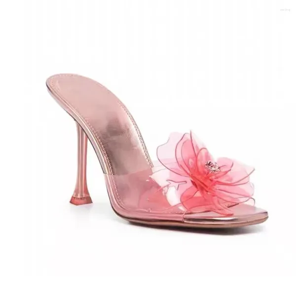 Sapatos de vestido Clear Film Crystal Flower PVC Alto Salto Chinelo Peep Toe Azul Rosa Transparente Copo Salto Mulher Slingbacks Sandálias