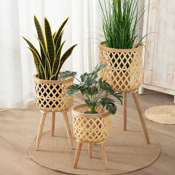 Plantadores Potenciômetros Bambu Planta Fezes Handmade Plant Holders Indoor Stand com Cesta De Madeira Mesa Redonda Handmade Flower Pot Holder para Vasos YQ240109