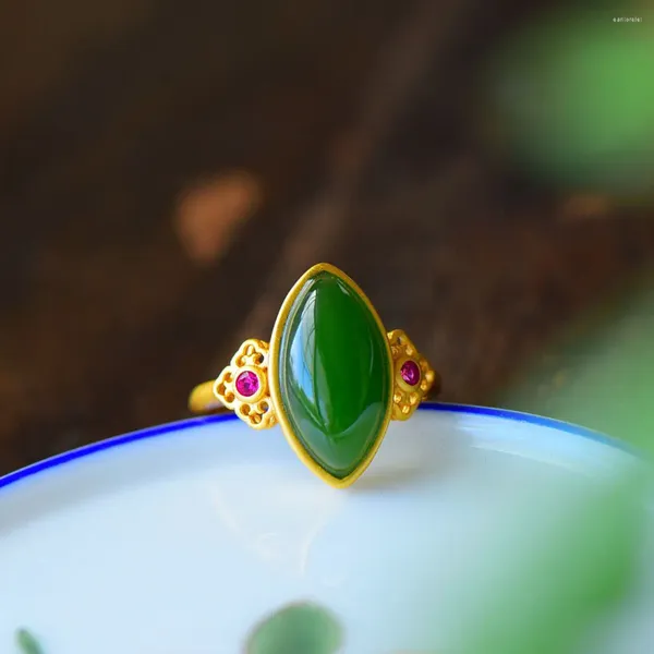 Anelli a grappolo Anello in argento sterling S925 con giada verde Hetian, moda retrò, occhio di cavallo, delicato ed elegante ornamento squisito