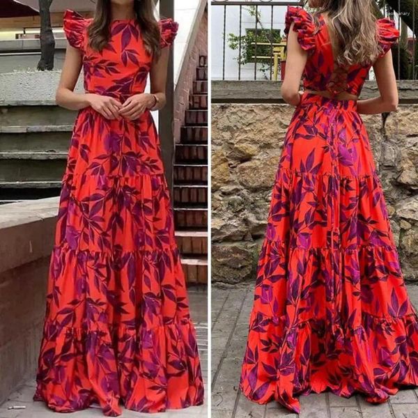 Vestidos casuais babados hem maxi vestido mulheres elegantes mulheres o-pescoço com mangas voadoras folhas impressão cintura alta para um