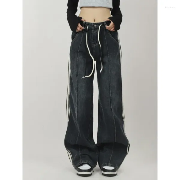 Calças femininas 2024 design premium cordão jeans cintura alta baggy magro perna larga reta água-lavagem mulher roupas